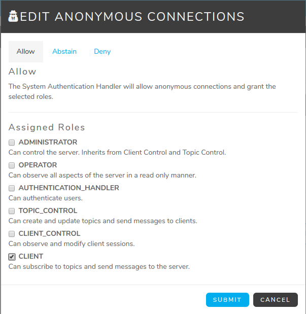 Screenshot of the Allow tab on the Edit Anonymous Connections wizard on the Diffusion Cloud dashboard